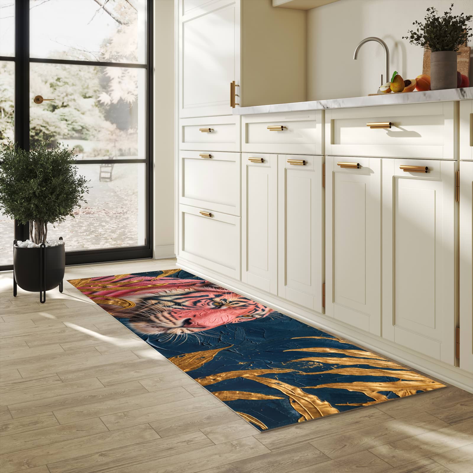 Dünner waschbarer Küchenteppich mit Motiv Tiger Porträt für angenehme Haptik in heller Küche