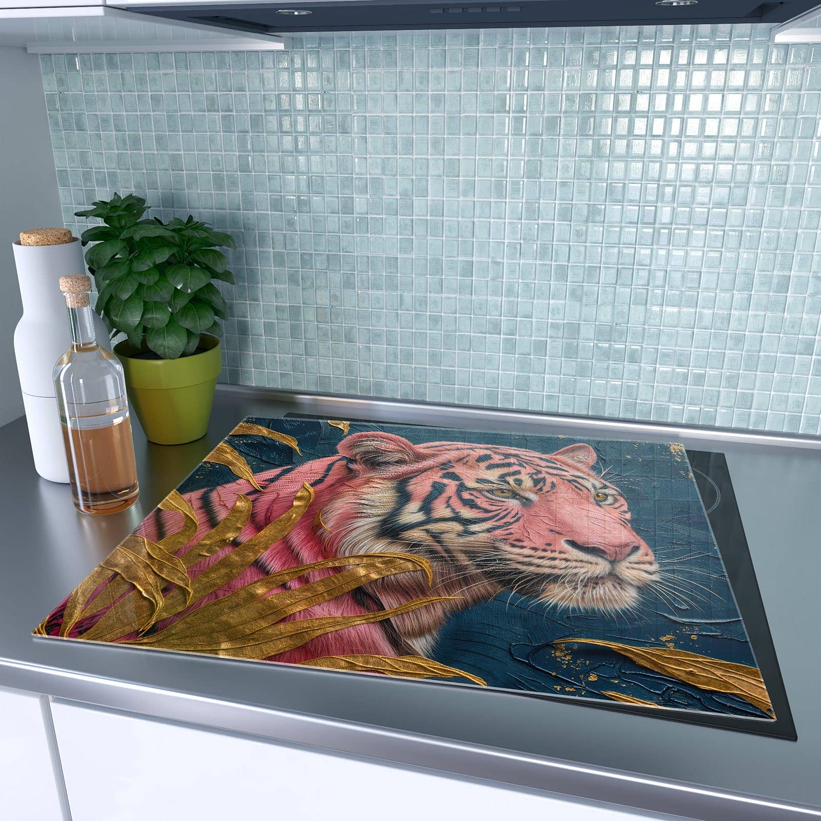 1-teilige Herdabdeckplatte mit Tiger Porträt-Motiv auf dem Ceranfeld