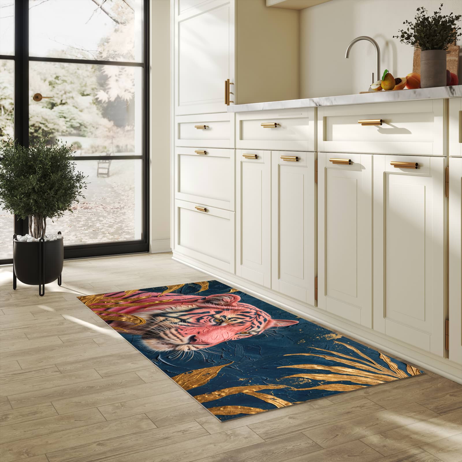 Waschbarer rutschfester Küchenteppich mit Motiv Tiger Porträt in heller Küche