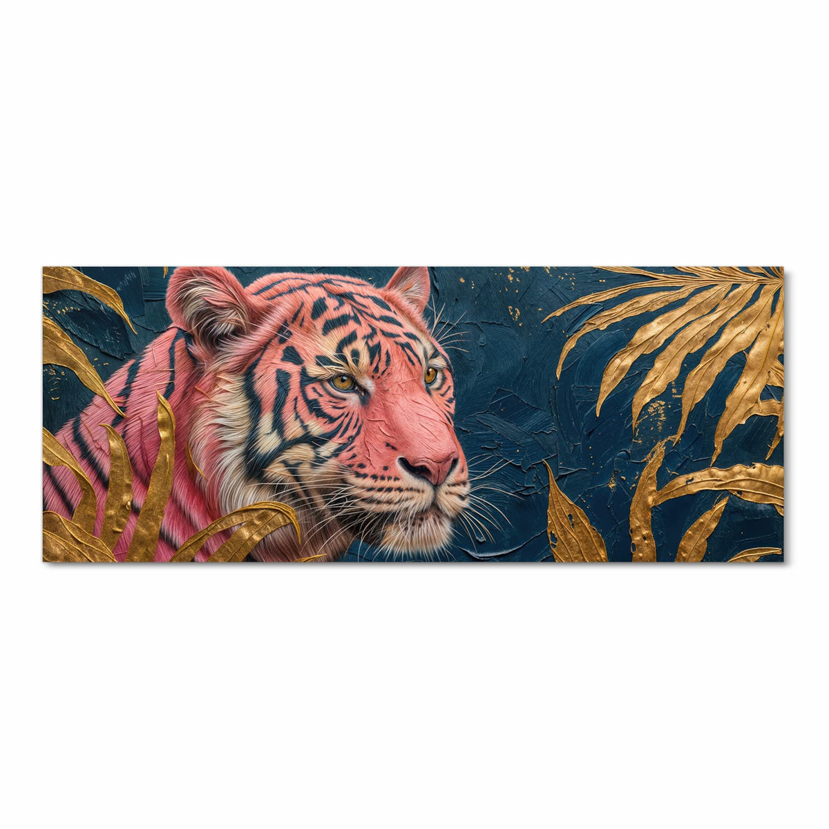 Tigerkopf mit rosa-pinkem Fell vor dunkelblauem Grund, davor goldene Blätter