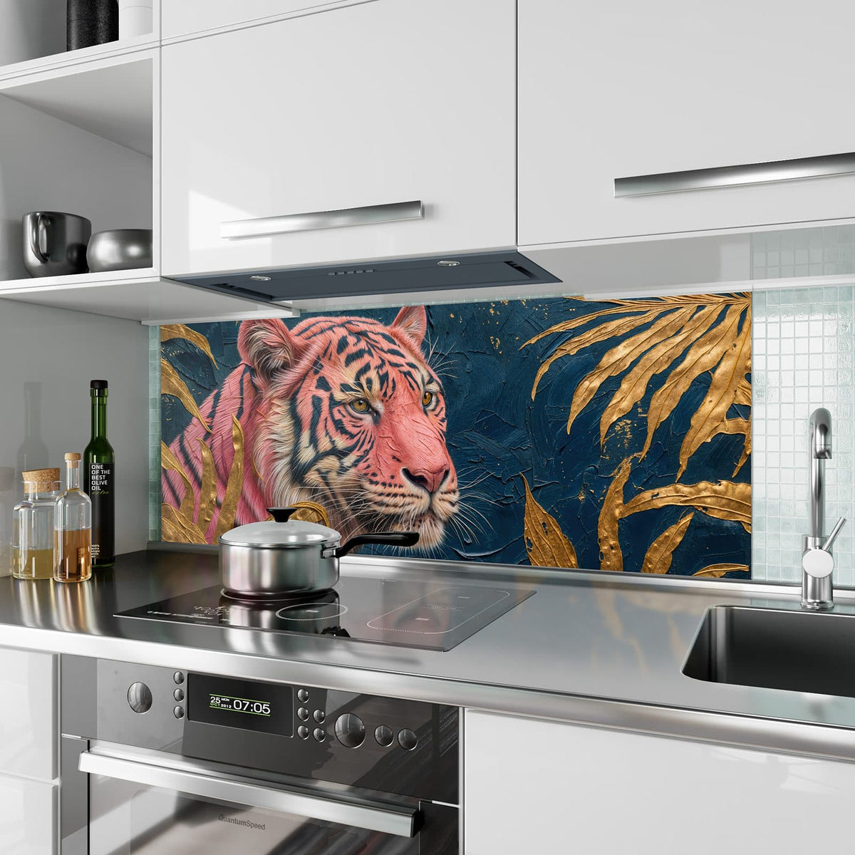 Küchenrückwand aus Glas Pinker Tiger im Hochformat als Spritzschutz hinter dem Kochfeld, über dem Fliesenspiegel montiert