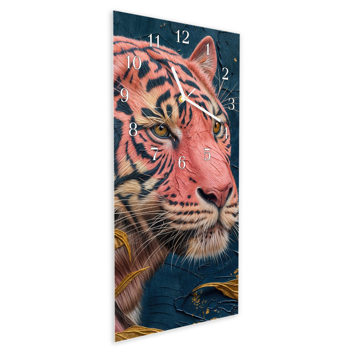 Vormontiert – mit Schwebeeffekt – Wanduhr Tiger Porträt aus Glas – Hochformat 30 × 60 cm