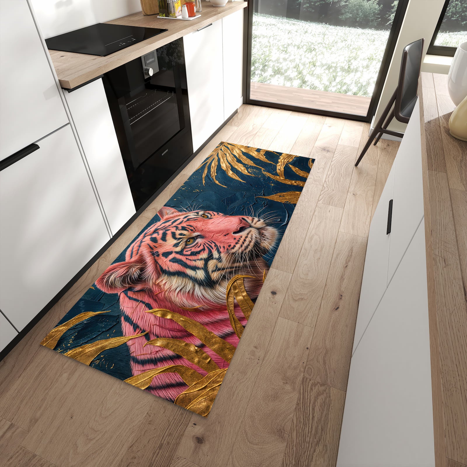 Bodenschonender rutschfester Küchenläufer mit Motiv Tiger Porträt in moderner Küche