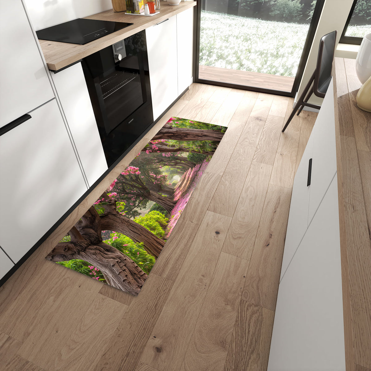 Fleckenresistenter rutschfester Küchenteppich mit Motiv Blütenallee in moderner Küche