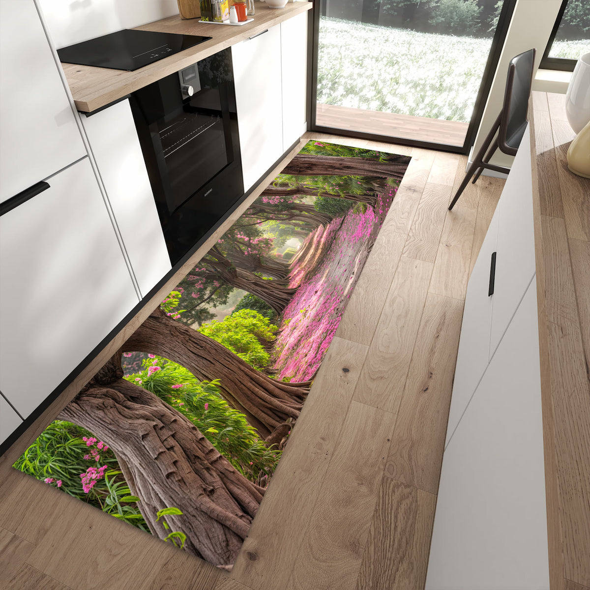 Rutschfester Küchenteppich mit Motiv Blütenallee in moderner Küche