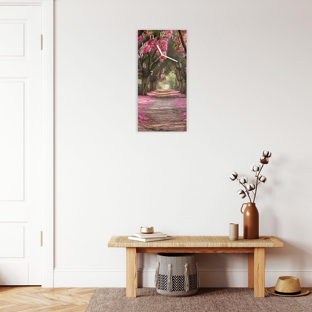 Moderne Wanduhr aus Glas mit Farbtiefe – Wanduhr Blütenallee aus Glas – Hochformat 30 × 60 cm