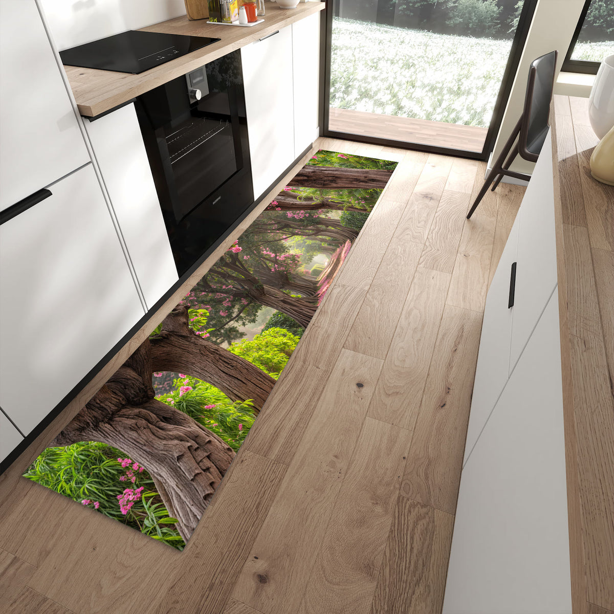 Geruchsneutraler Bodenläufer Teppich mit Motiv Blütenallee in moderner Küche