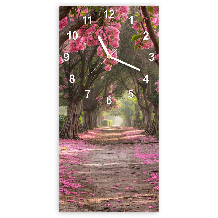 Wanduhr Blütenallee aus Glas – Hochformat 30 × 60 cm mit Ziffernblatt Modern