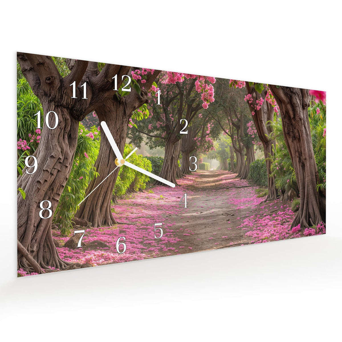 Vormontiert – mit Schwebeeffekt – Wanduhr Blütenallee aus Glas – Querformat 60 × 30 cm