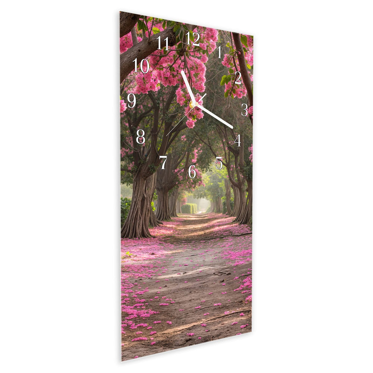 Vormontiert – mit Schwebeeffekt – Wanduhr Blütenallee aus Glas – Hochformat 30 × 60 cm