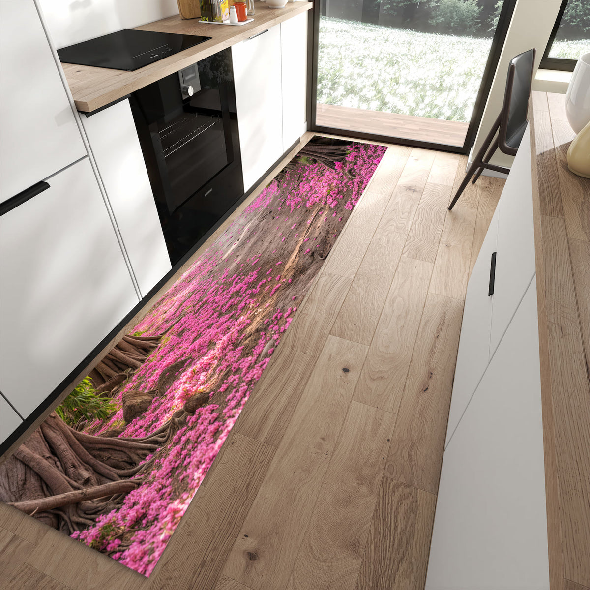 Langlebiger Küchenteppich mit Motiv Blütenallee in moderner Küche