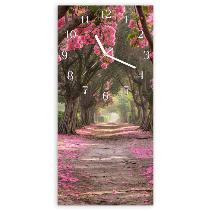 Wanduhr Blütenallee aus Glas – Hochformat 30 × 60 cm mit Ziffernblatt Klassisch