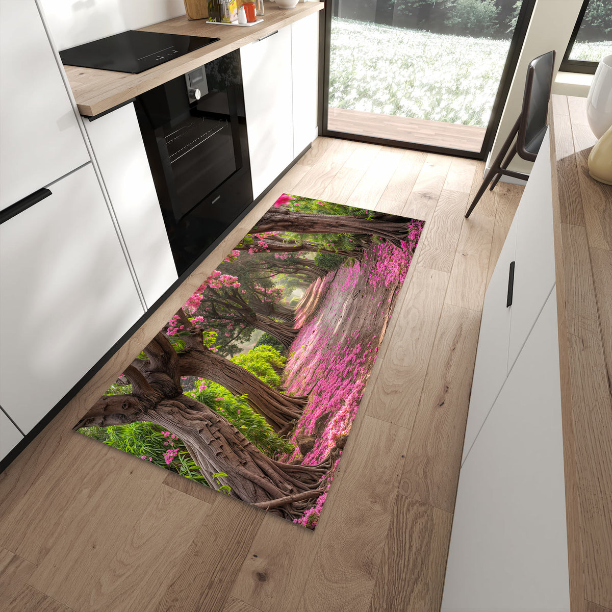 Küchenteppich mit Motiv Blütenallee für angenehmes Stehen in moderner Küche