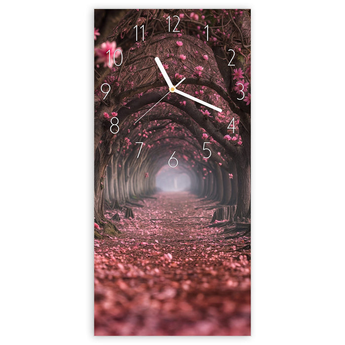 Wanduhr Blütenweg aus Glas – Hochformat 30 × 60 cm mit Ziffernblatt Elegant