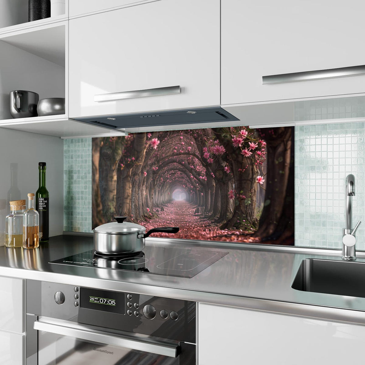Küchenrückwand aus Glas Rosa Blütentunnel im Hochformat als Spritzschutz hinter dem Kochfeld, über dem Fliesenspiegel montiert