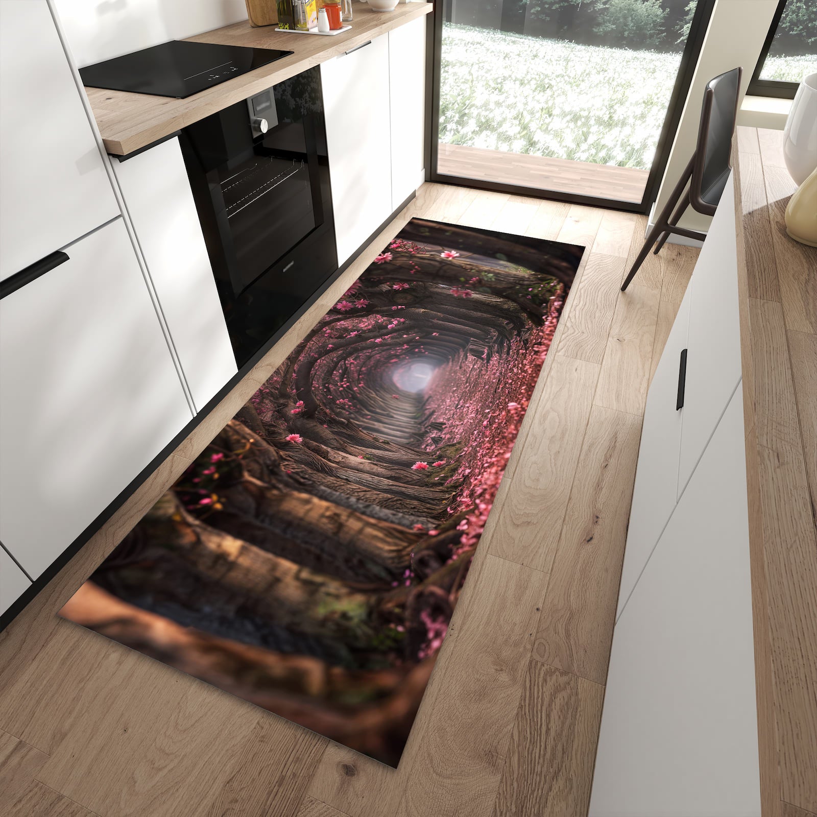 UV-beständiger waschbarer Küchenteppich mit Motiv Blütenweg in moderner Küche