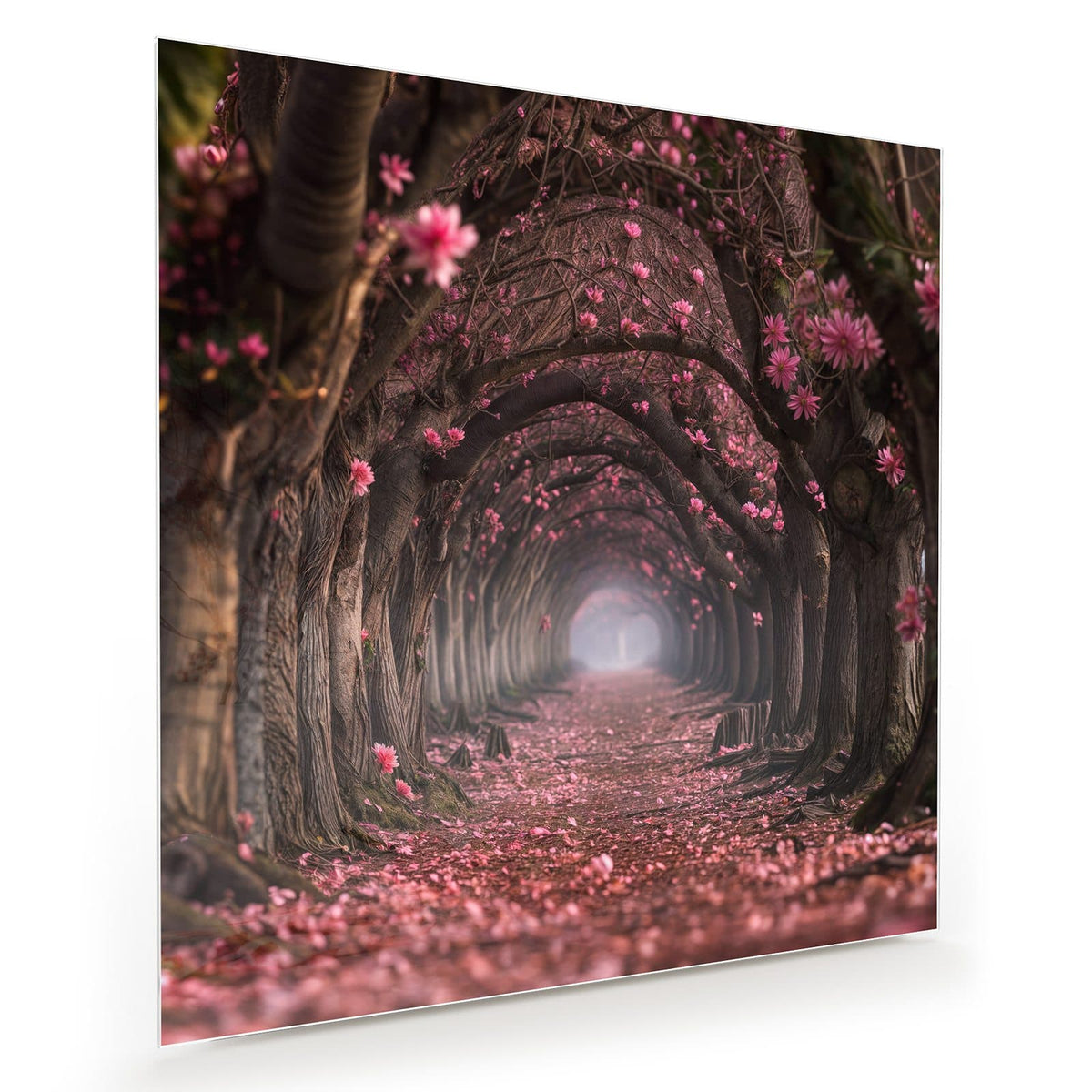 Allee aus verwachsenen Bäumen, die einen Tunnel bilden, Boden und Kronen voller rosa Blüten