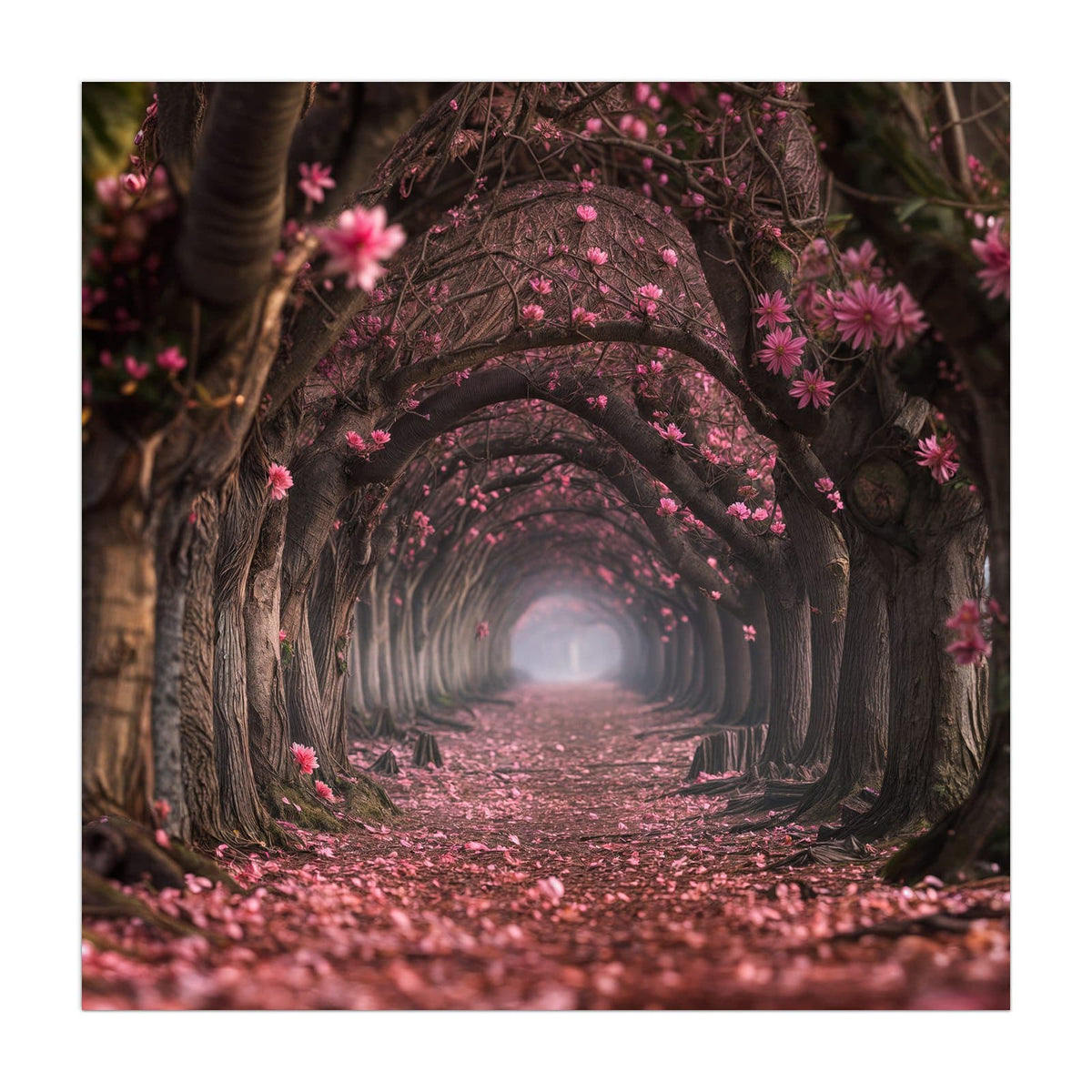 Küchenrückwand aus Glas Rosa Blütentunnel im quadratischen Format, Motiv bildfüllend von vorn