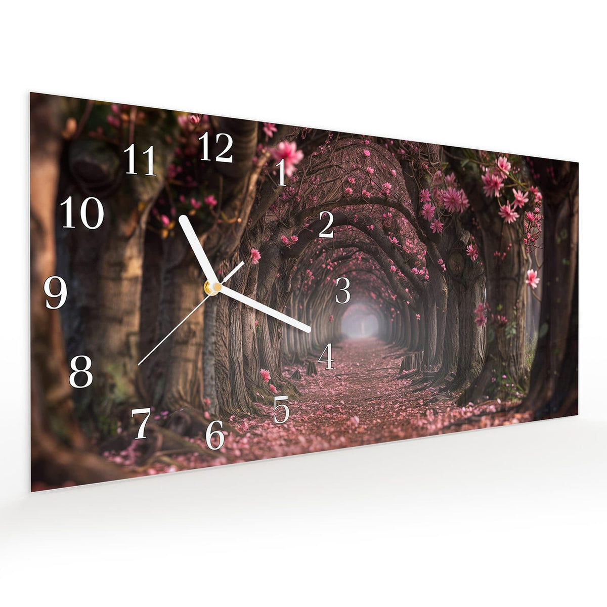 Vormontiert – mit Schwebeeffekt – Wanduhr Blütenweg aus Glas – Querformat 60 × 30 cm