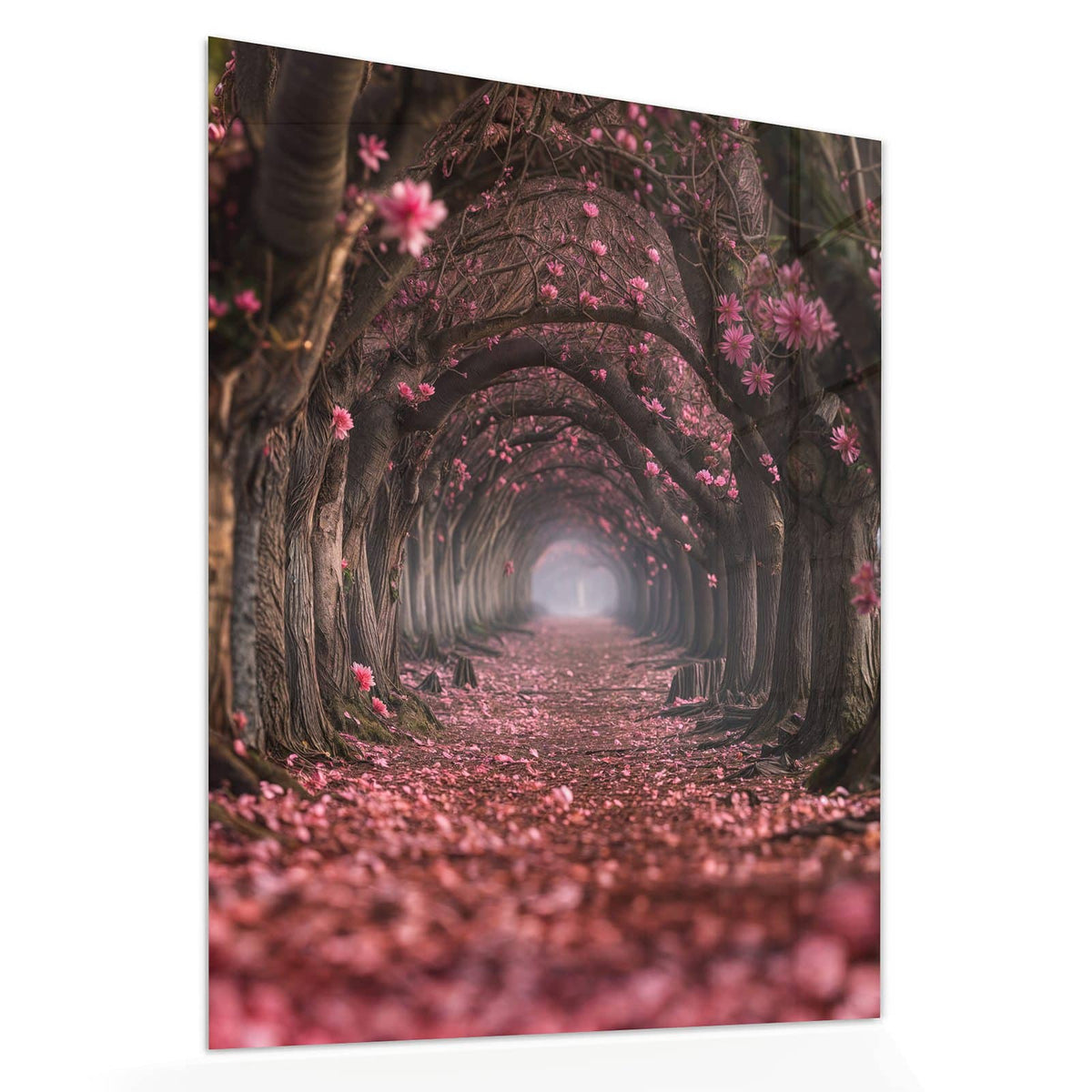 Echtglas, 4 mm – kein Acryl, keine Folie – Wandbild - Rosa Blütentunnel - Hochformat