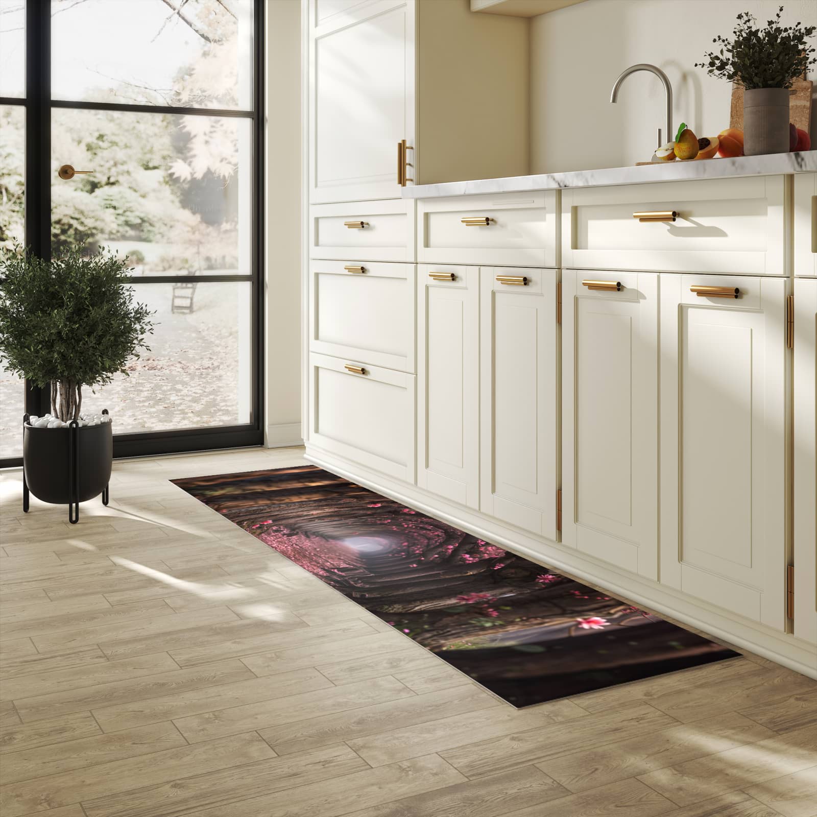 Komfortabler rutschfester Küchenläufer mit Motiv Blütenweg in heller Küche