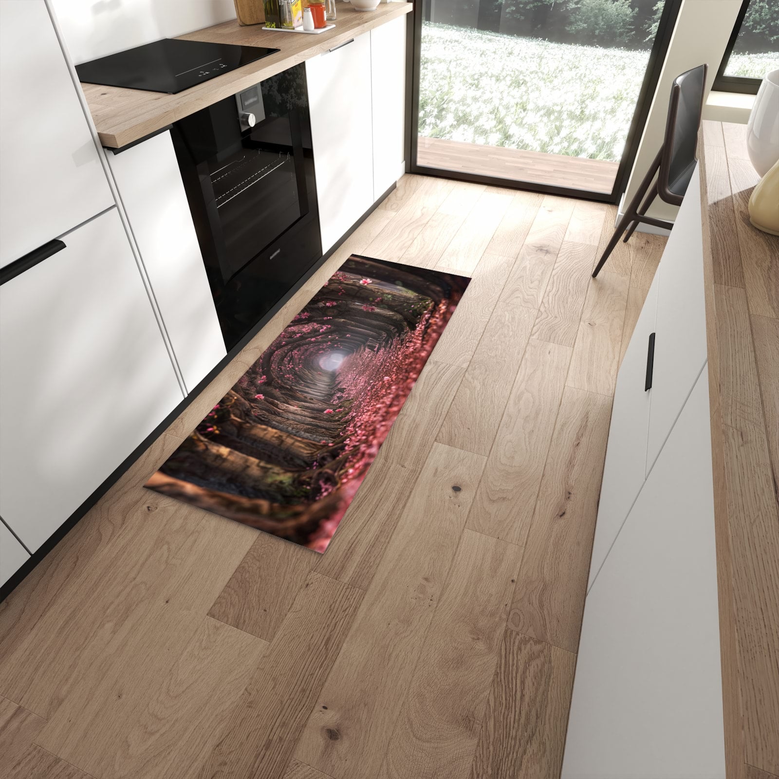 Rutschfester waschbarer Küchenteppich mit Motiv Blütenweg in moderner Küche #grösse_60 x 150 cm