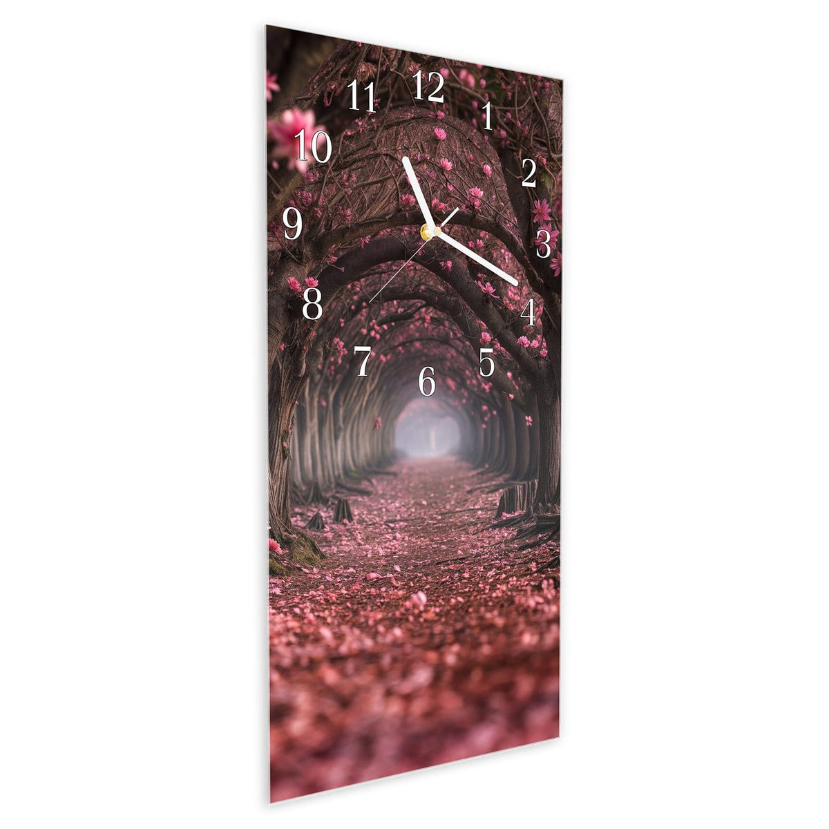 Vormontiert – mit Schwebeeffekt – Wanduhr Blütenweg aus Glas – Hochformat 30 × 60 cm