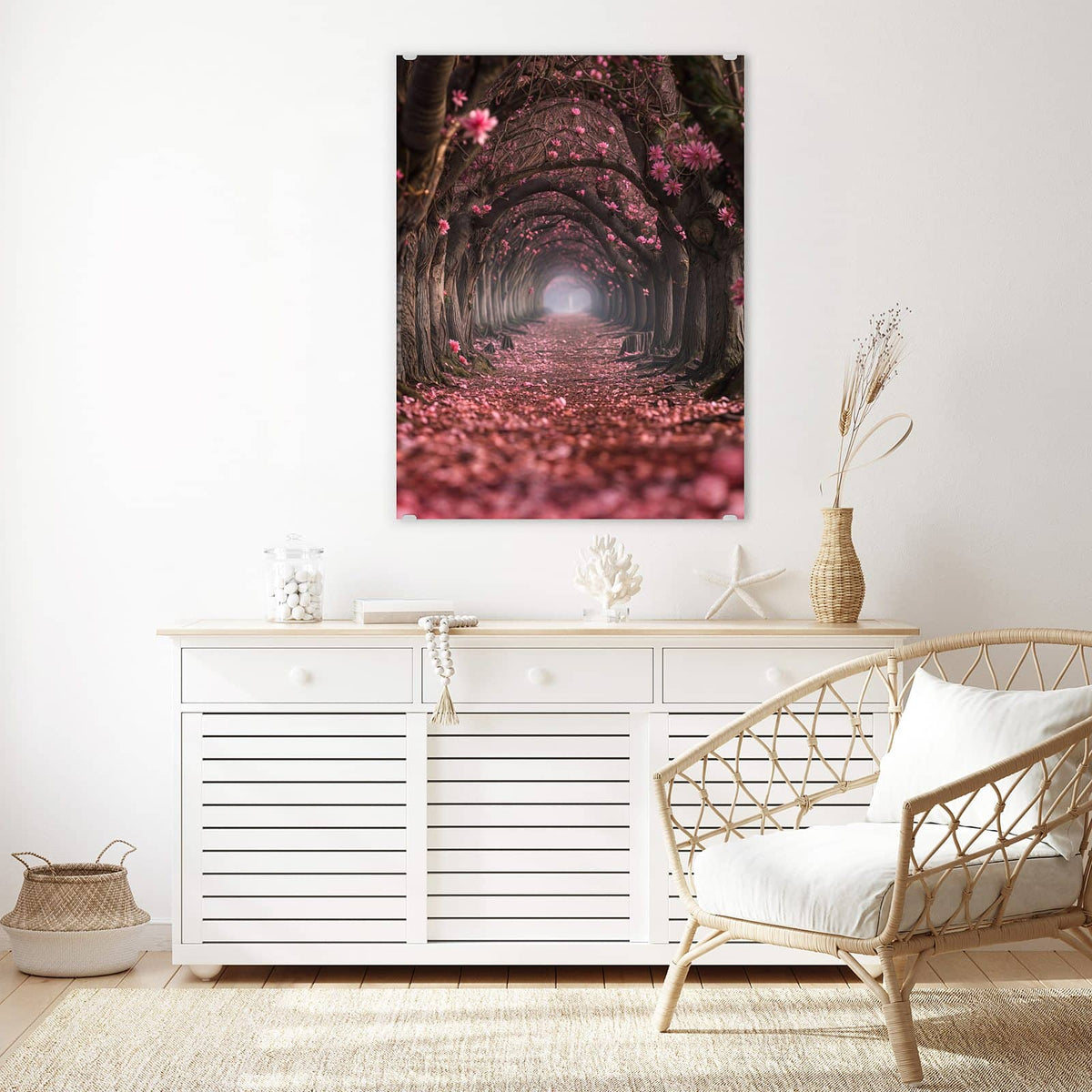 Aufhängung liegt bei – Motiv später wechselbar – Wandbild - Rosa Blütentunnel - Hochformat