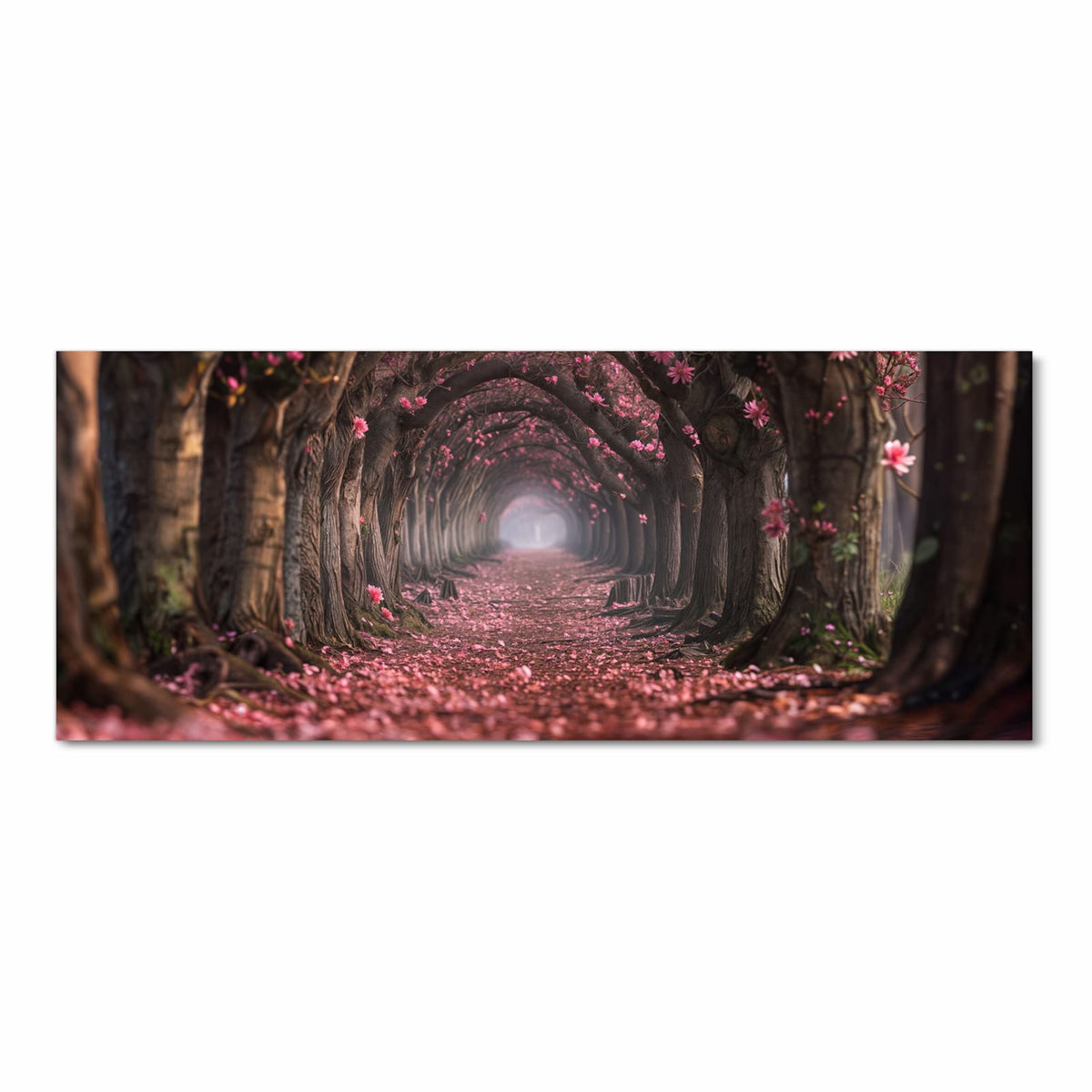 Allee aus verwachsenen Bäumen, die einen Tunnel bilden, Boden und Kronen voller rosa Blüten