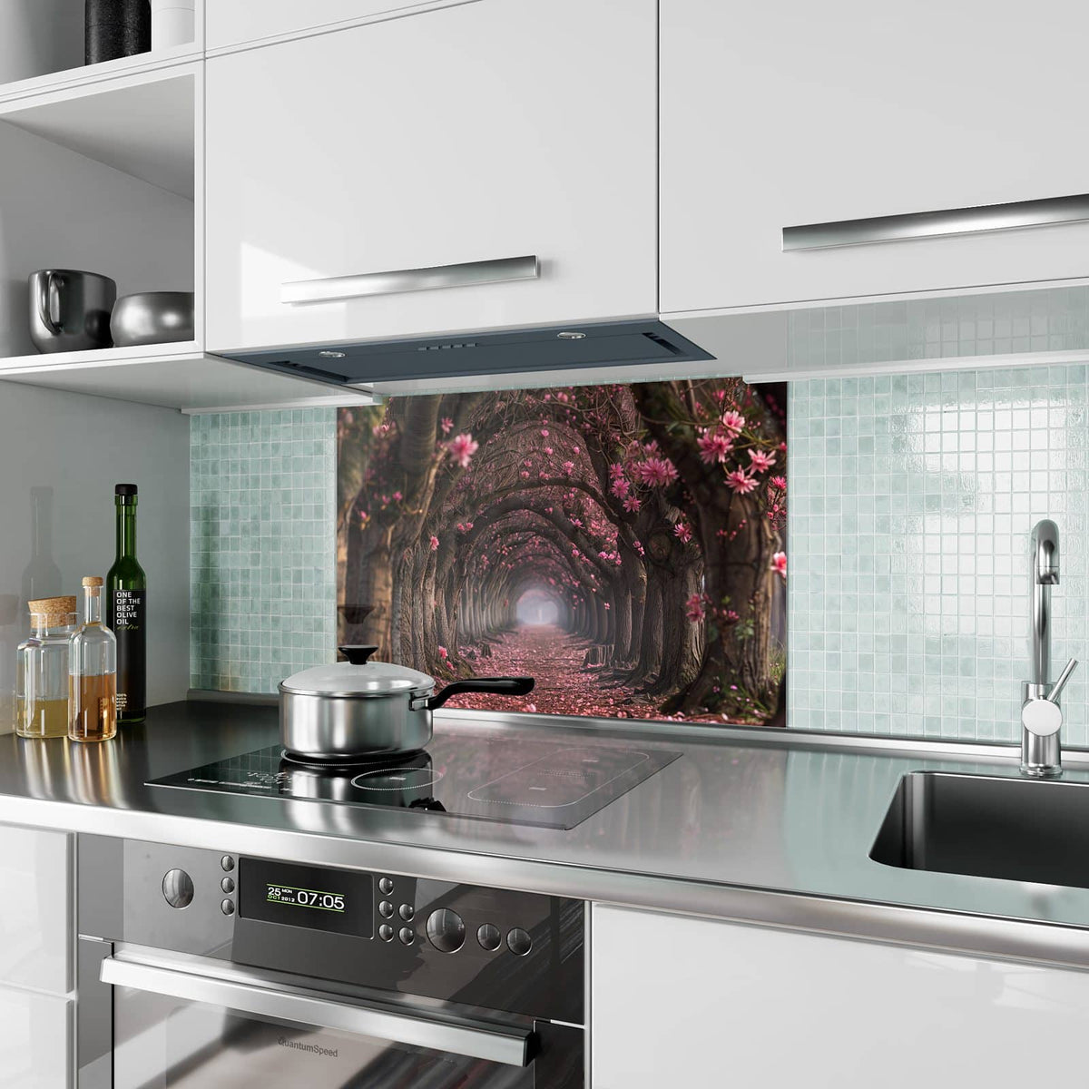 Küchenrückwand aus Glas Rosa Blütentunnel im Hochformat als Spritzschutz hinter dem Kochfeld, über dem Fliesenspiegel montiert