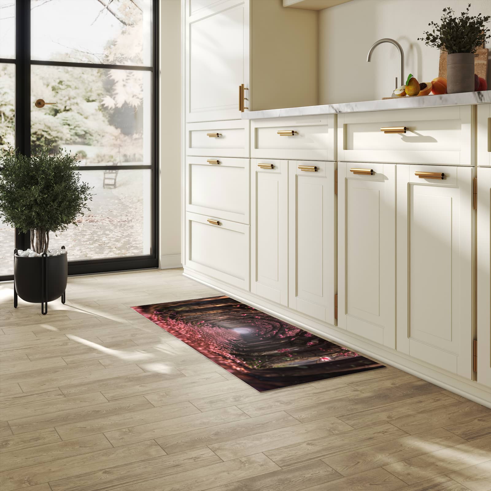Flacher rutschfester Küchenläufer mit Motiv Blütenweg in heller Küche