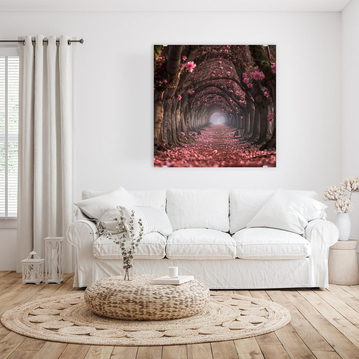 Glasbild Rosa Blütentunnel an der Wand – Allee aus verwachsenen Bäumen, die einen Tunnel bilden, Boden und Kronen voller rosa Blüten