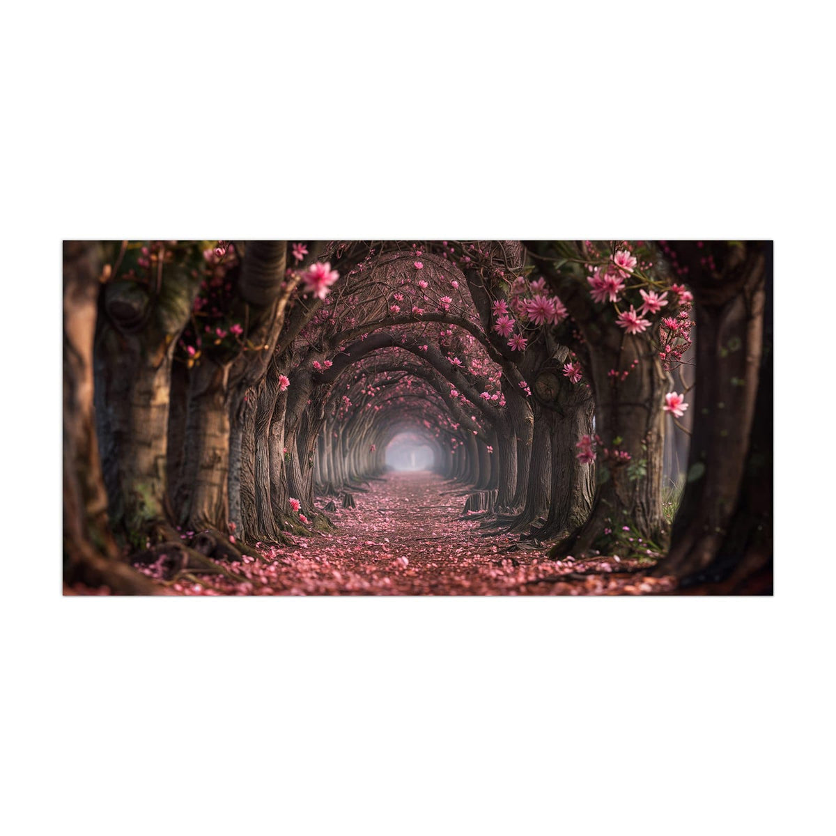 Küchenrückwand aus Glas Rosa Blütentunnel im Hochformat, Motiv bildfüllend von vorn