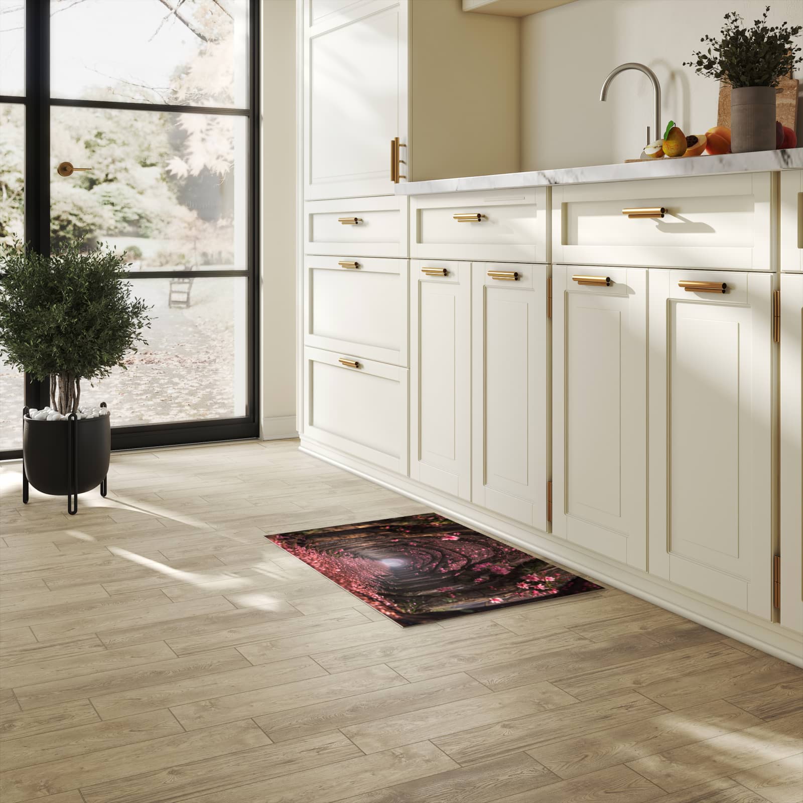 Waschbarer Küchenläufer mit Motiv Blütenweg in heller Küche für angenehme Haptik