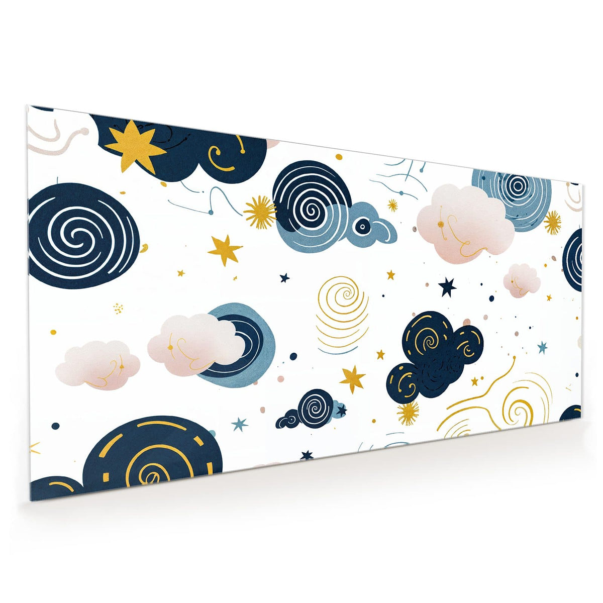 Küchenrückwand aus Glas im Hochformat: Dunkelblaue und rosa Wolken mit Spiralen, gelben Sternen und Punkten auf Weiß