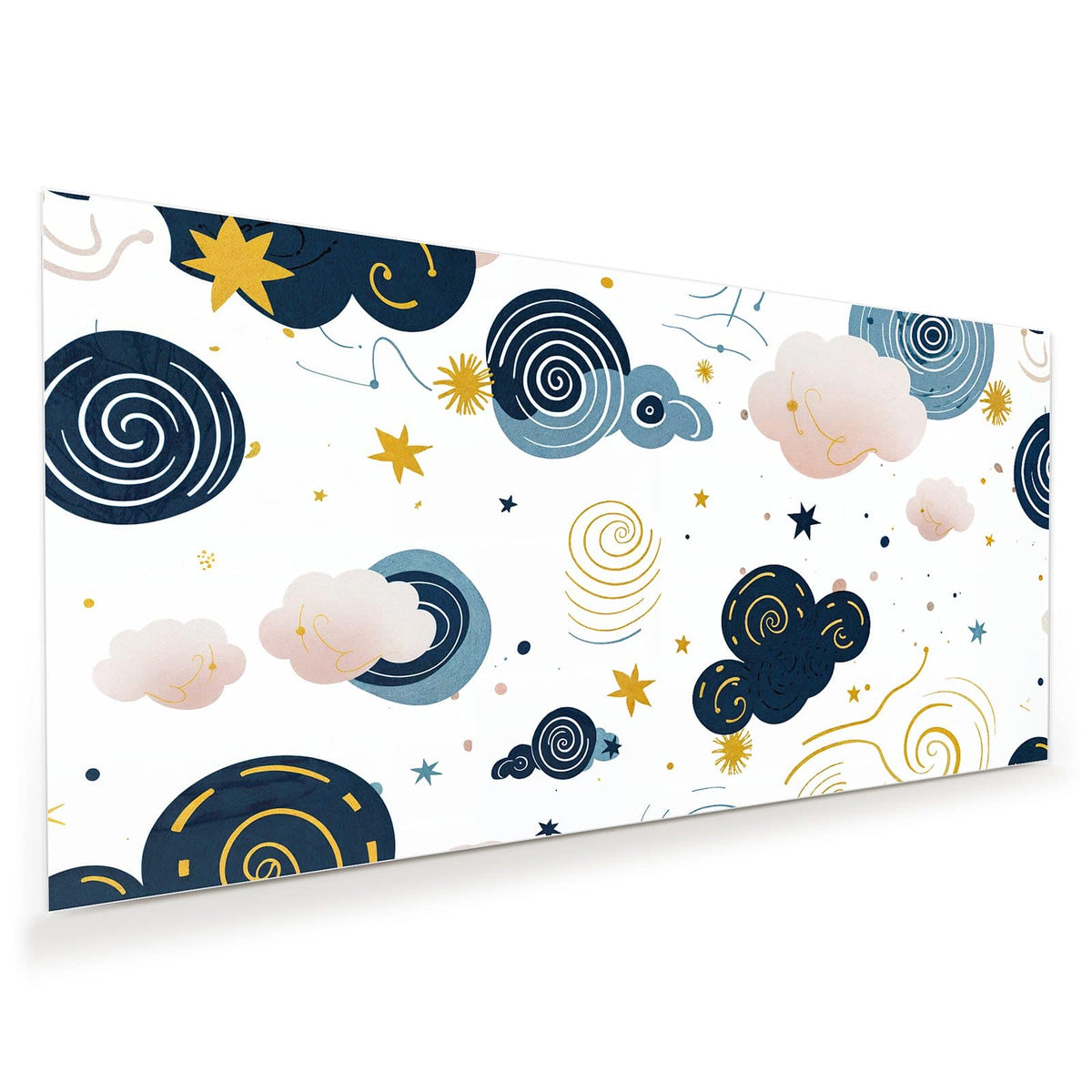 Dunkelblaue und rosa Wolken mit Spiralen, gelben Sternen und Punkten auf Weiß