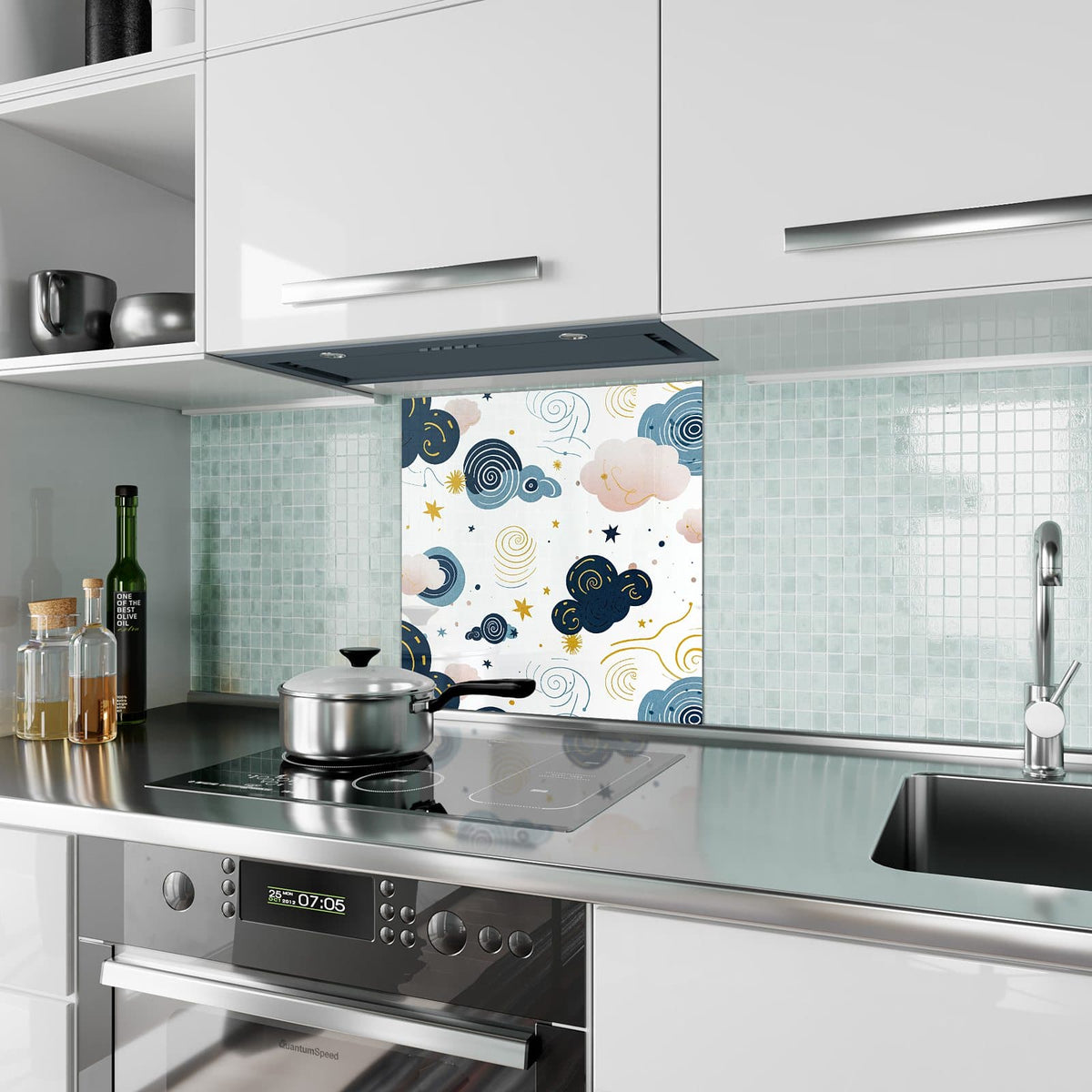 Küchenrückwand aus Glas Blaue Wolken und Sterne im quadratischen Format als Spritzschutz hinter dem Kochfeld, über dem Fliesenspiegel montiert