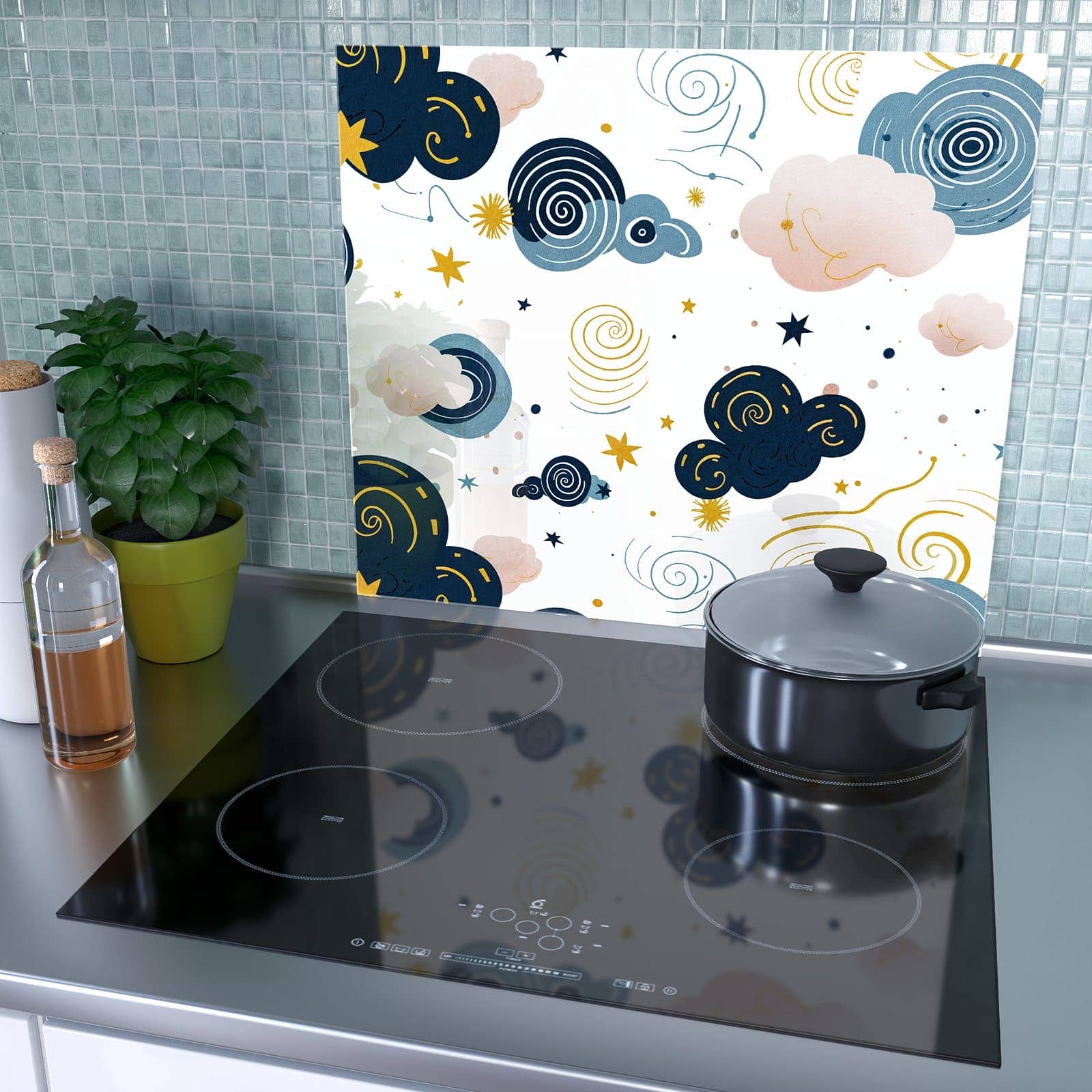 1-teilige Glasplatte für Herd mit Wirbelwolken Design-Motiv als Spritzschutz hinter dem Kochfeld
