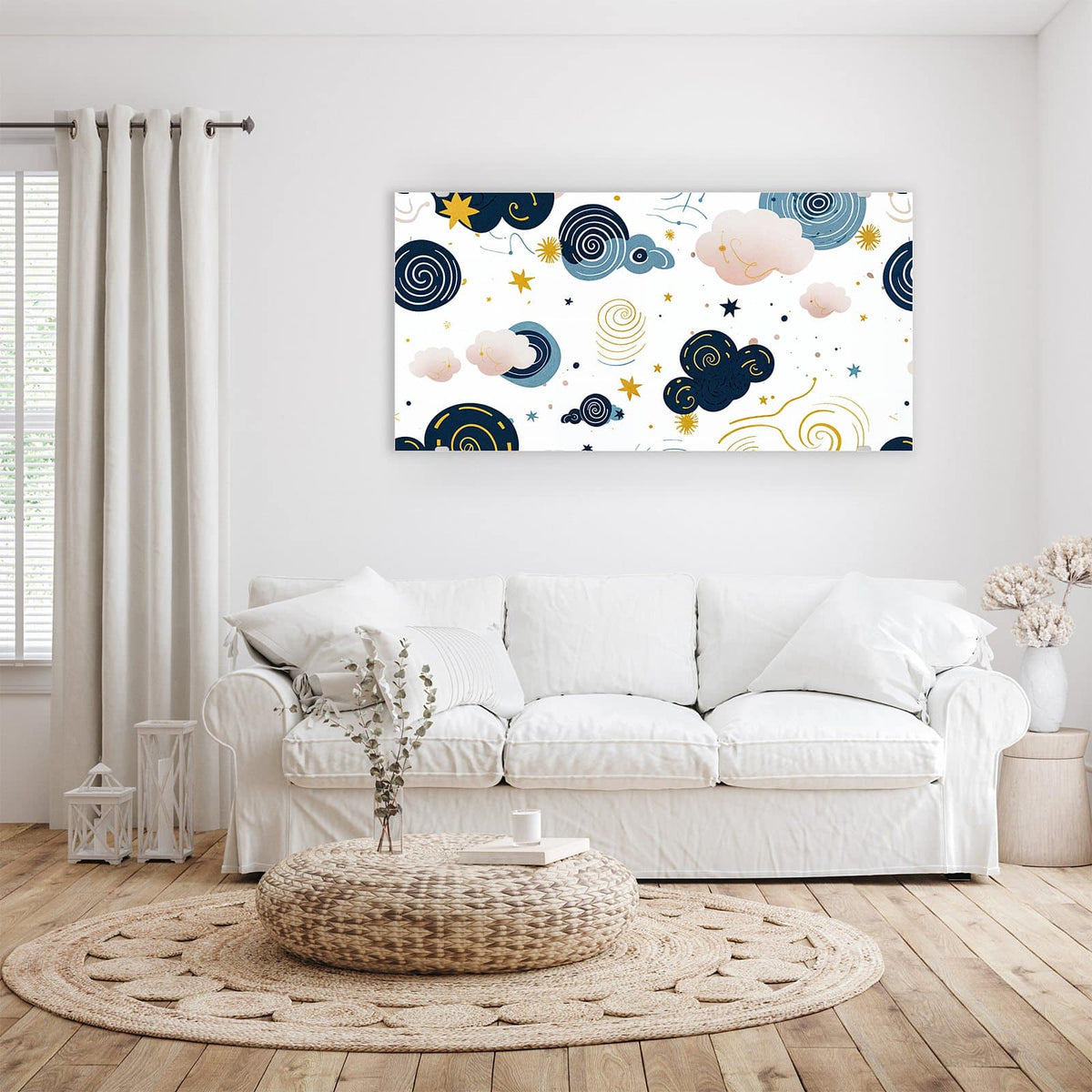 Wandbild - Blaue Wolken und Sterne - Querformat – Blaue Wolken, Spiralen und Sterne