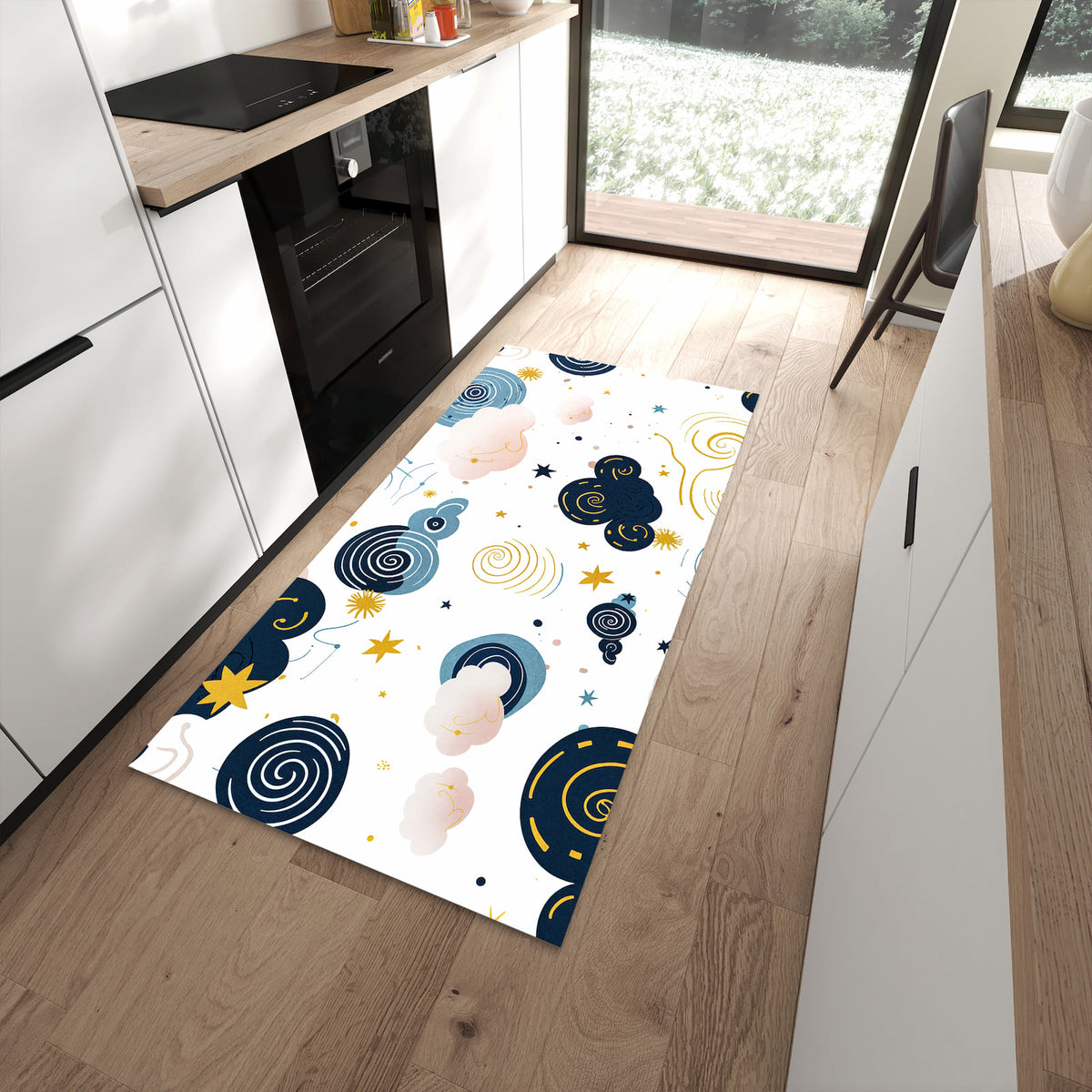 Strapazierfähiger Küchenläufer mit Motiv Wirbelwolken Design in moderner Küche