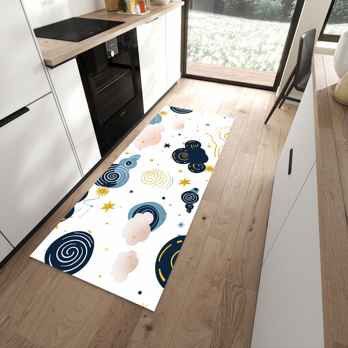 Rutschfester Küchenteppich mit Motiv Wirbelwolken Design in moderner Küche