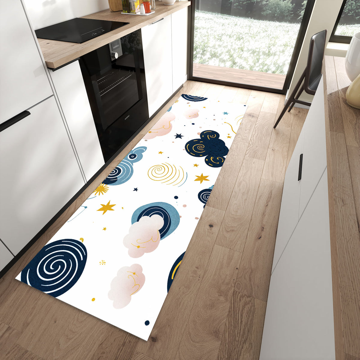 Pflegeleichter Küchenteppich mit Motiv Wirbelwolken Design in moderner Küche