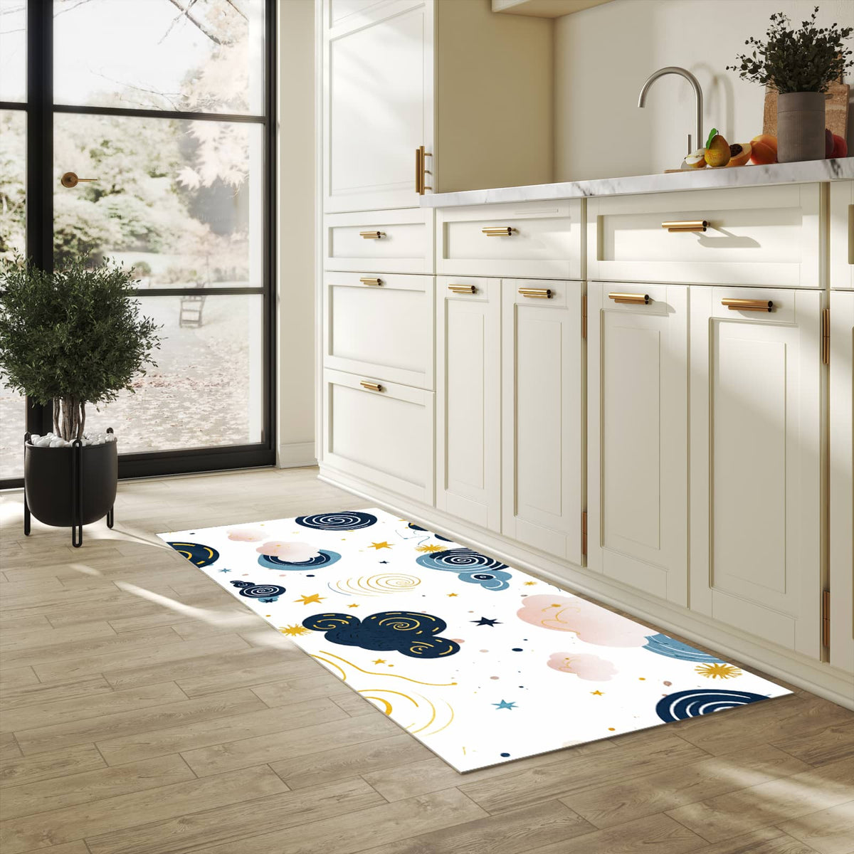 UV-beständiger Küchenteppich mit Motiv Wirbelwolken Design in heller Küche