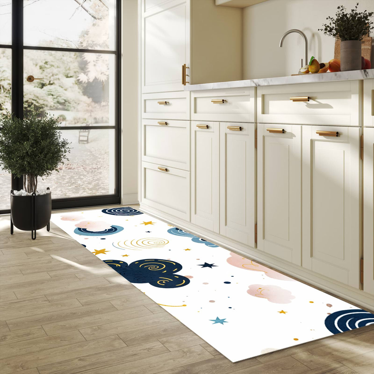 Fleckenresistenter Küchenläufer mit Motiv Wirbelwolken Design in heller Küche