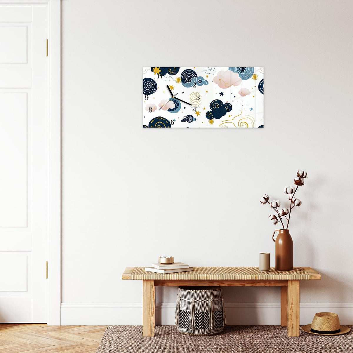 Moderne Wanduhr aus Glas mit Farbtiefe – Wanduhr Wirbelwolken Design aus Glas – Querformat 60 × 30 cm