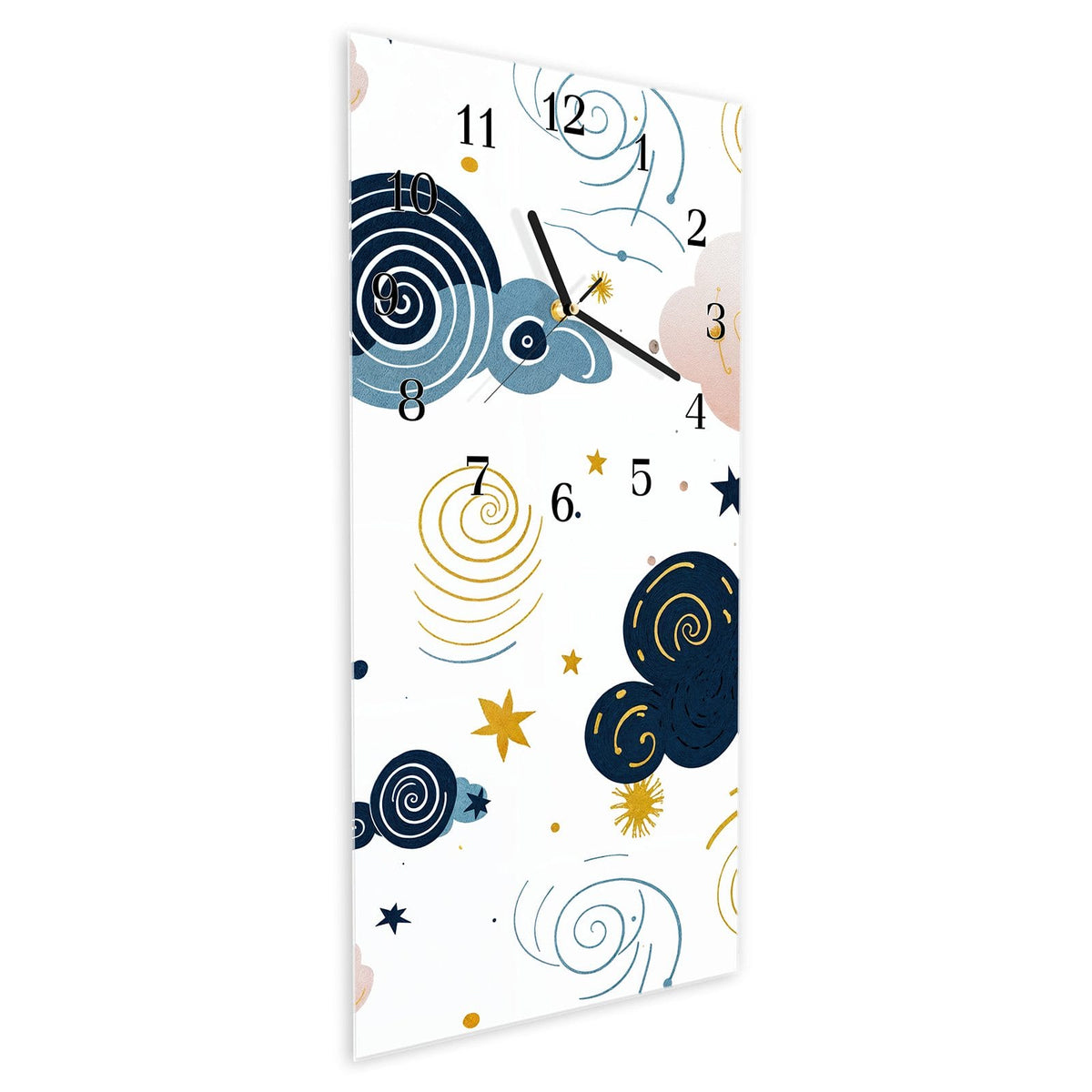 Vormontiert – mit Schwebeeffekt – Wanduhr Wirbelwolken Design aus Glas – Hochformat 30 × 60 cm