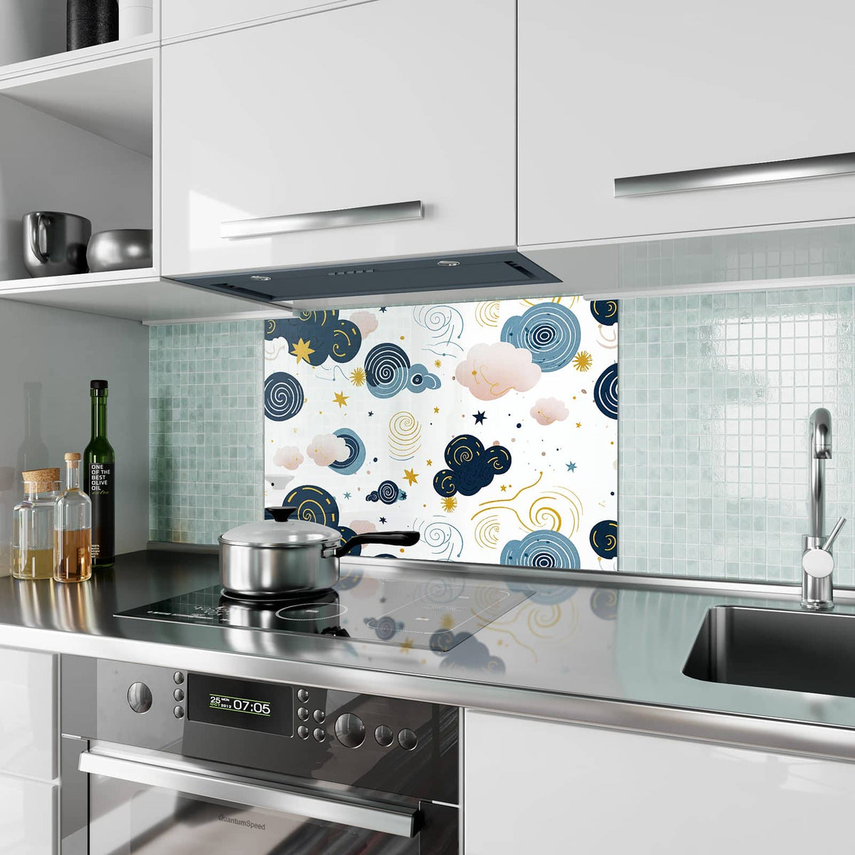 Küchenrückwand aus Glas Blaue Wolken und Sterne im Hochformat als Spritzschutz hinter dem Kochfeld, über dem Fliesenspiegel montiert