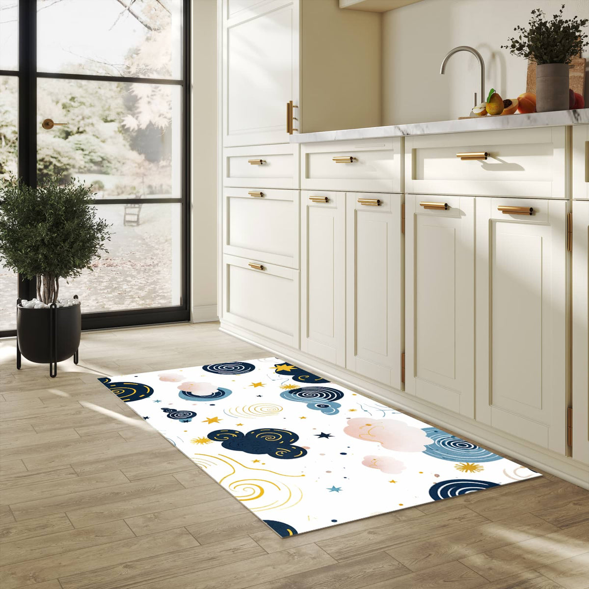 Schmutzabweisender Küchenläufer mit Motiv Wirbelwolken Design in heller Küche