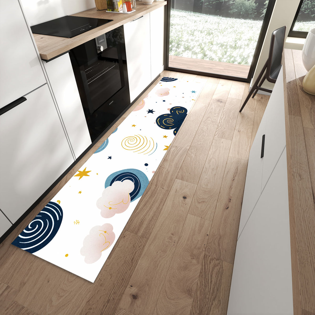 Flacher Küchenteppich mit Motiv Wirbelwolken Design in moderner Küche