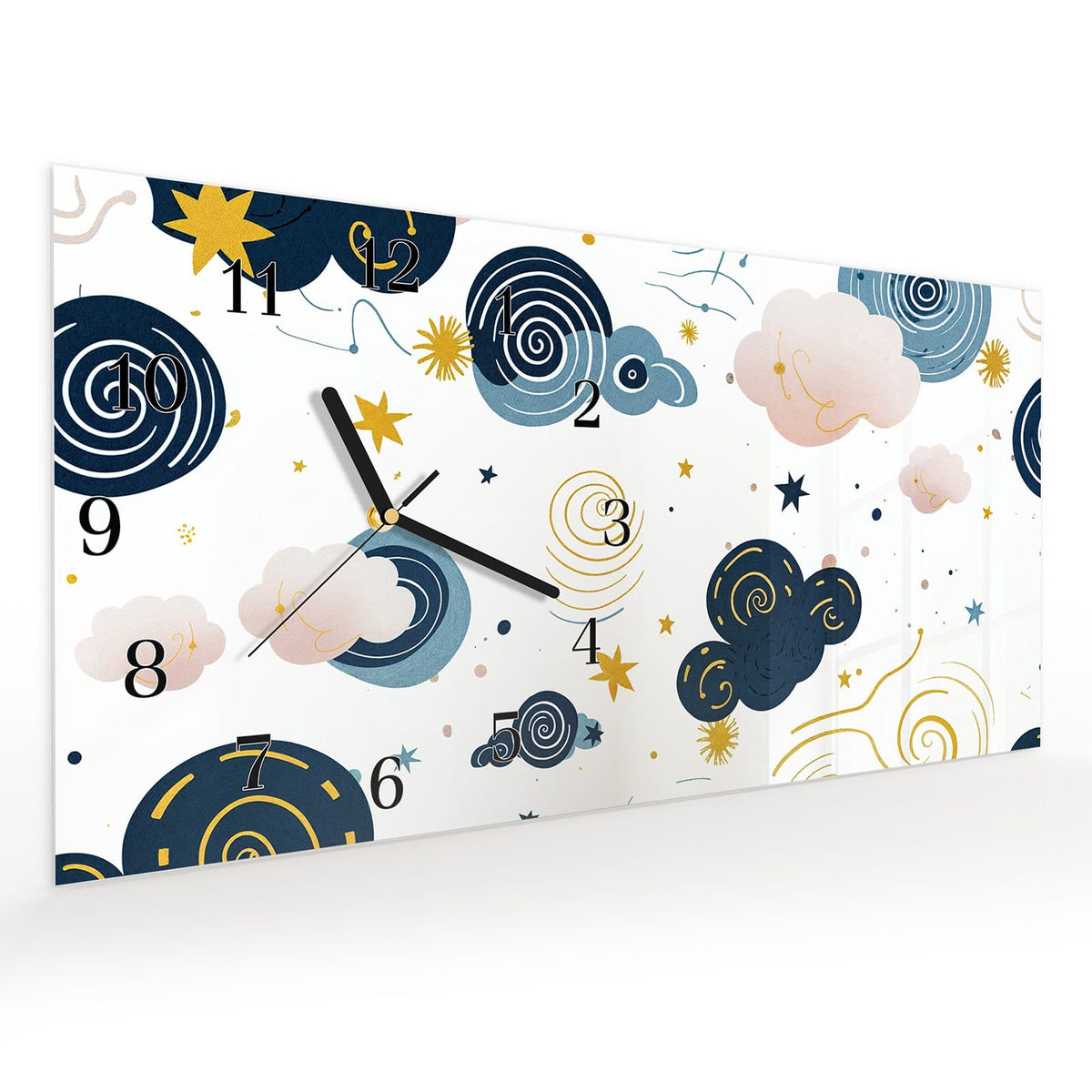 Vormontiert – mit Schwebeeffekt – Wanduhr Wirbelwolken Design aus Glas – Querformat 60 × 30 cm